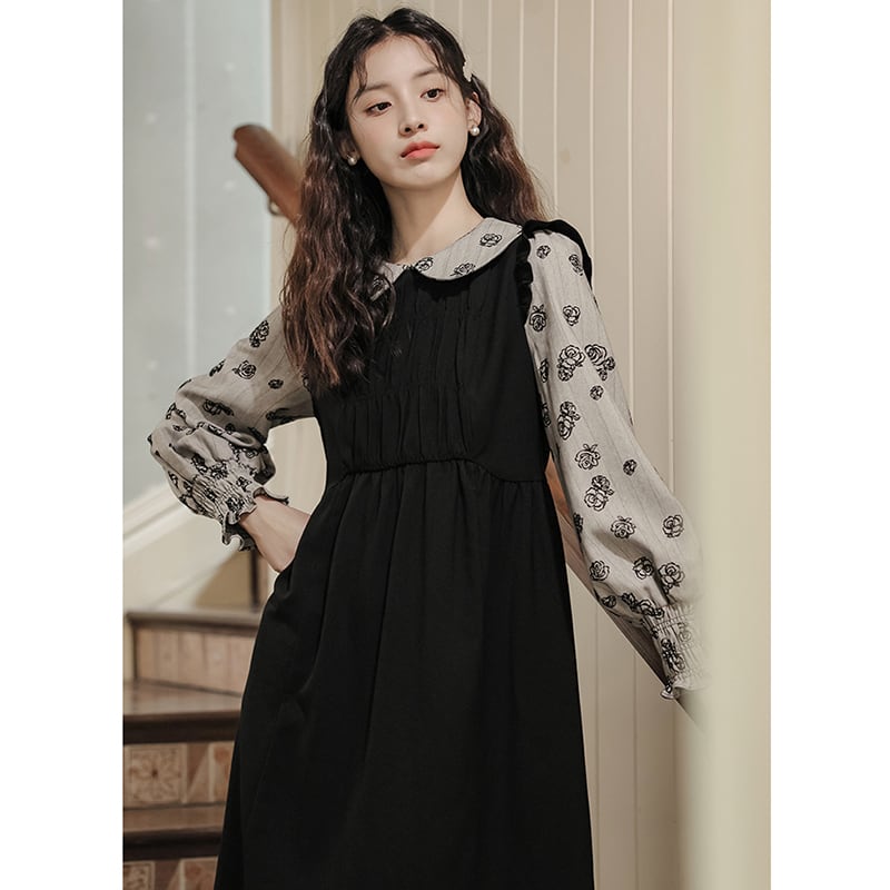 [ZITAIMEIGUI Series] ★One Piece★ Long Length Switching Floral Pattern Women's Commuting Date Black Black