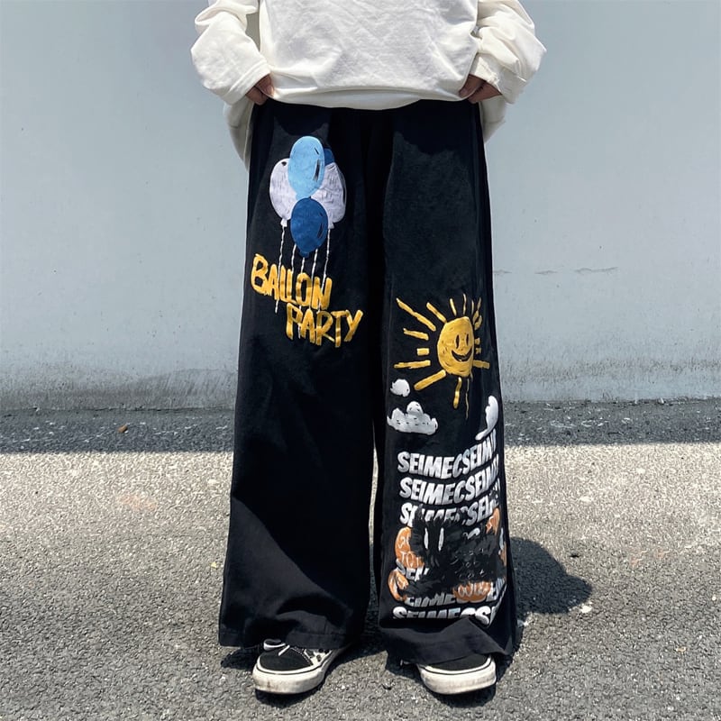 [ulzzang series]★Pants★ Wide pants denim pants black men's sun balloon graffiti cool bright