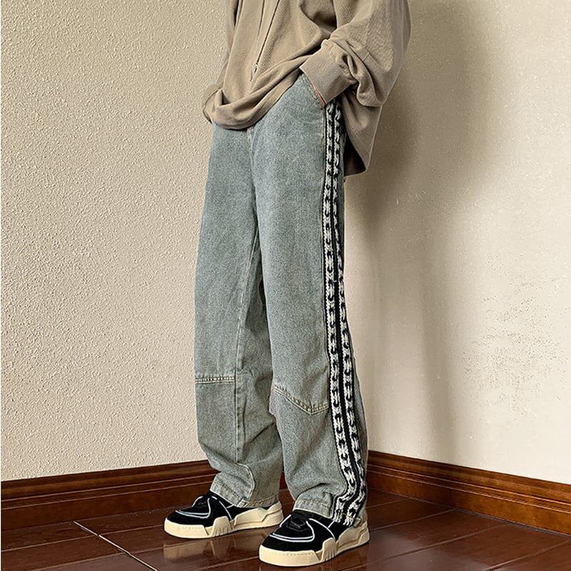 [High Series]★Casual Pants★ 2color Trousers Bottoms Denim Pants Vertical Stripes Plaid Pattern Blue Black