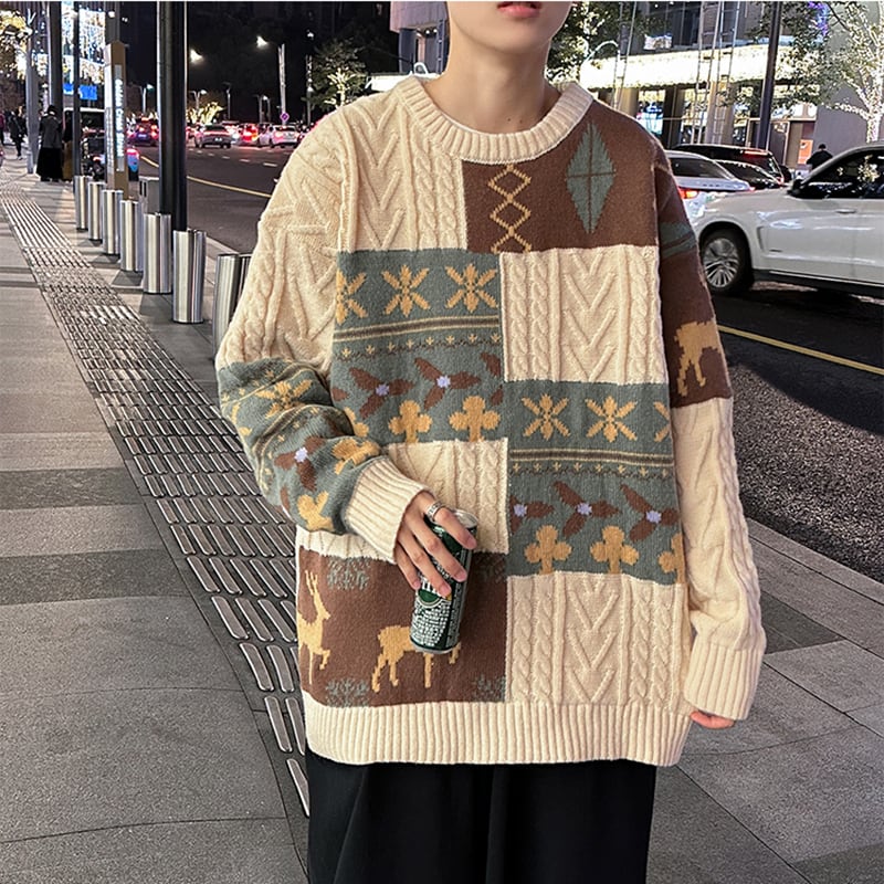 [SENYE Series]★Sweater★ 3color Tops Christmas Unisex Men's Deer Color Scheme Apricot Navy Coffee Color