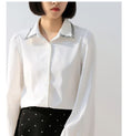 Load image into Gallery viewer, Shirts Blouses Tops Outerwear Women's Fashion New Korean Style Simple Commuting Office Lady Office Fold Collar Single Breasted Long Sleeve SML White Temperament Enhancement Elegant Chiffon Fabric
