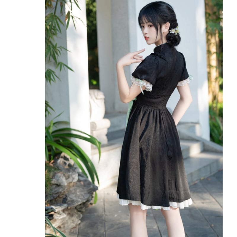 [Shukunsho Series] ★Chinese style dress★ Improved cheongsam dress Black Black Hanfu dress