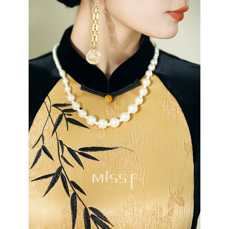 [MISS.F Series]★Cheongsam dress★ Switching velvet Temperament enhancement Color scheme Chinese style dress