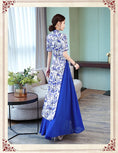 Load image into Gallery viewer, Ao Dai Vietnamese Ethnic Long Dress Side Slit Short Sleeve Stand Neck Dress After-party Bride Thank-you Party Date Invitation Blue Large Size SML XL 2XL 3XL 4XL Dyed Series
