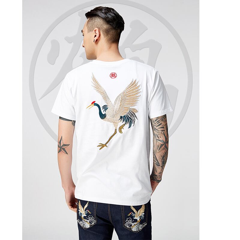 [JPYZ Series]★China style T-shirt★ 2color tops unisex men's crane embroidery black white cotton