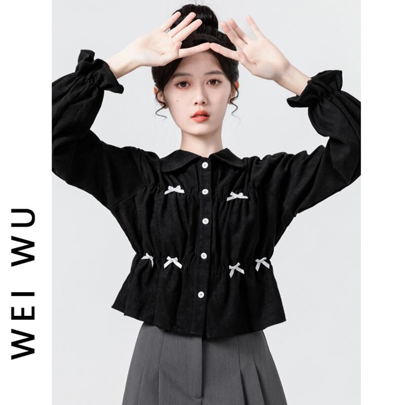 [WEIWU Series]★Shirt★ Tops Ladies Short Length Corduroy Black Cute Stylish