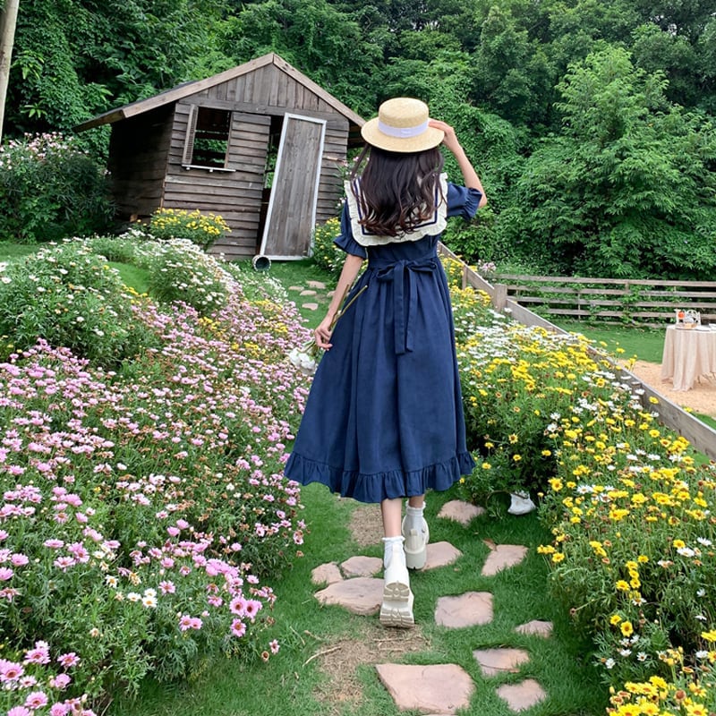 [Dong Xiaojie Series] ★Sailor color dress★ Cute large size Blue Blue Blue Date, school, commuting