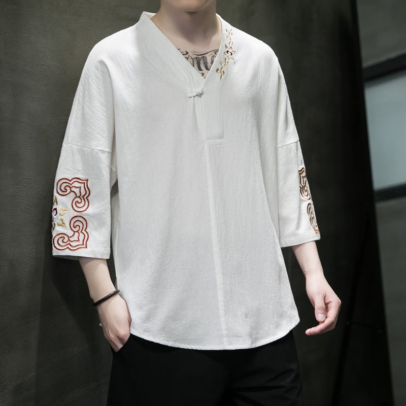 [JUNYI Series]★China style T-shirt★ Tops 3color Unisex Men's Large size Embroidery V neck