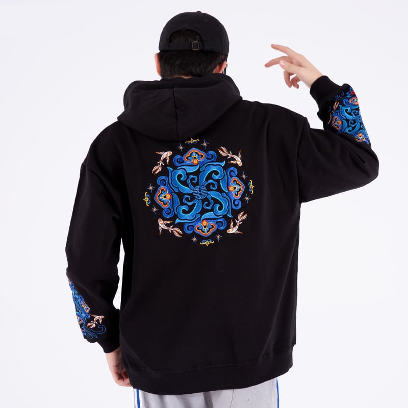 [Machiha clan series] ★China style hoodie★ 2color black or white embroidery wave goldfish alphabet black white