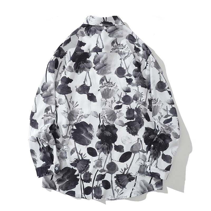 [TRAVEL ISSUANCE Series]★Ink-style shirt★ Long sleeve shirt tops Floral pattern black white print ML XL 2XL Unisex Men's