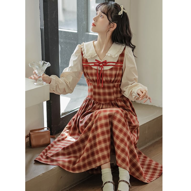 [MEIYI Series] ★One Piece★ Ladies Plaid Faux Layered Commuting Date Red Red