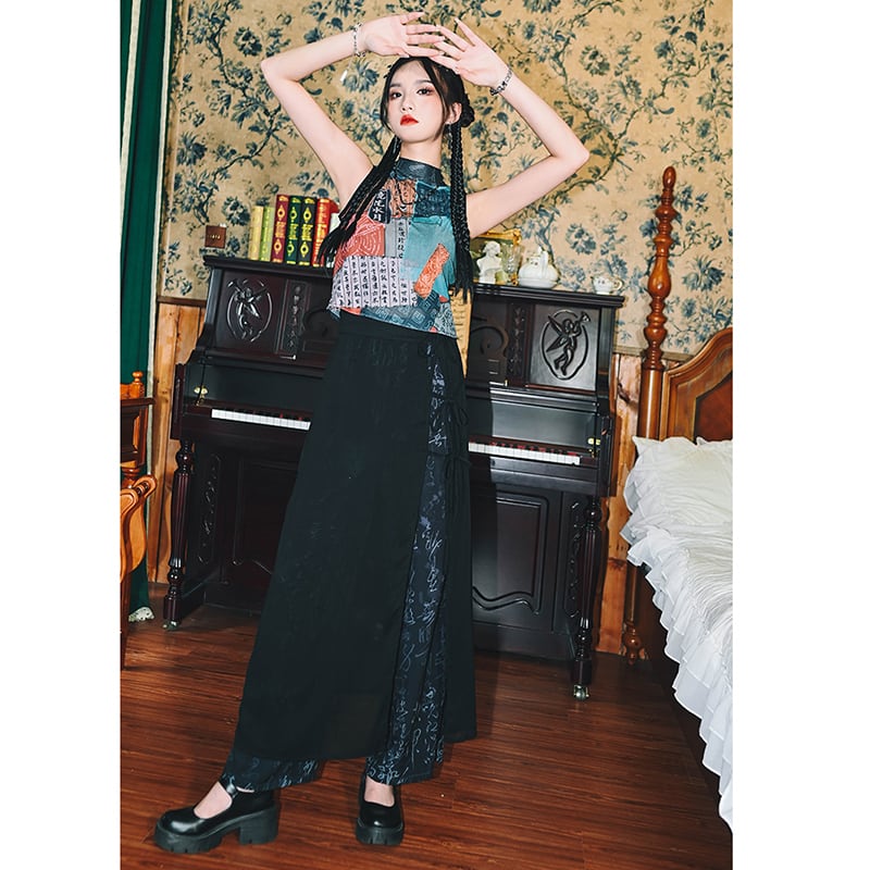 [Kokaisha---Shinkyo Series]★China style pants★Bottoms Gaucho pants Letter pattern switching Black Black