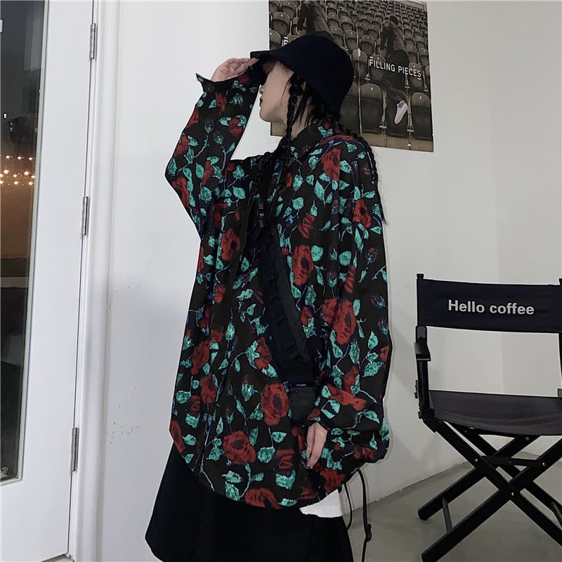 [YOUZI Series] ★Floral Pattern Shirt★ Tops, Oil Painting Style, Long Sleeve Shirt, Loose, Retro, Unisex, Men's, Cute