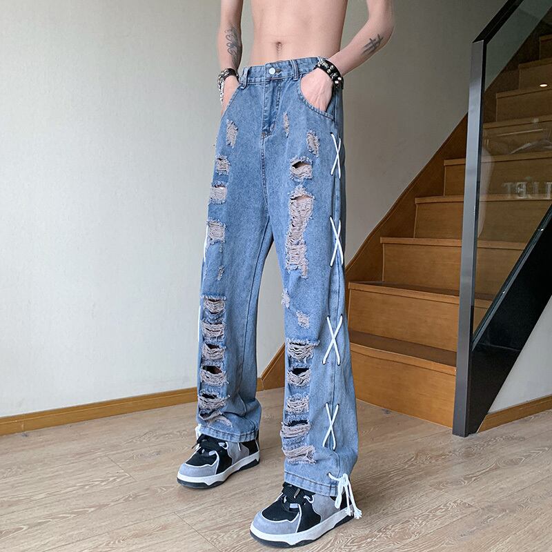 [YANDAN Series]★Denim pants★Bottoms Pants Unisex Men's Distressed Blue Blue Design Stylish