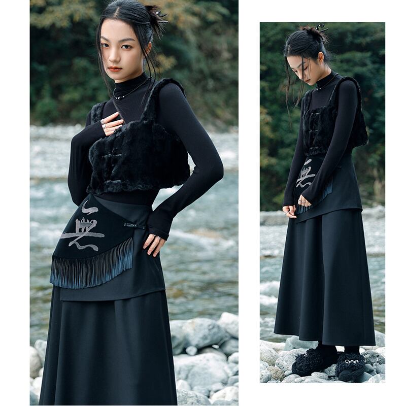 [Big Blue Dragon Series] ★China style skirt★ Bottoms fake layered black black slimming design.