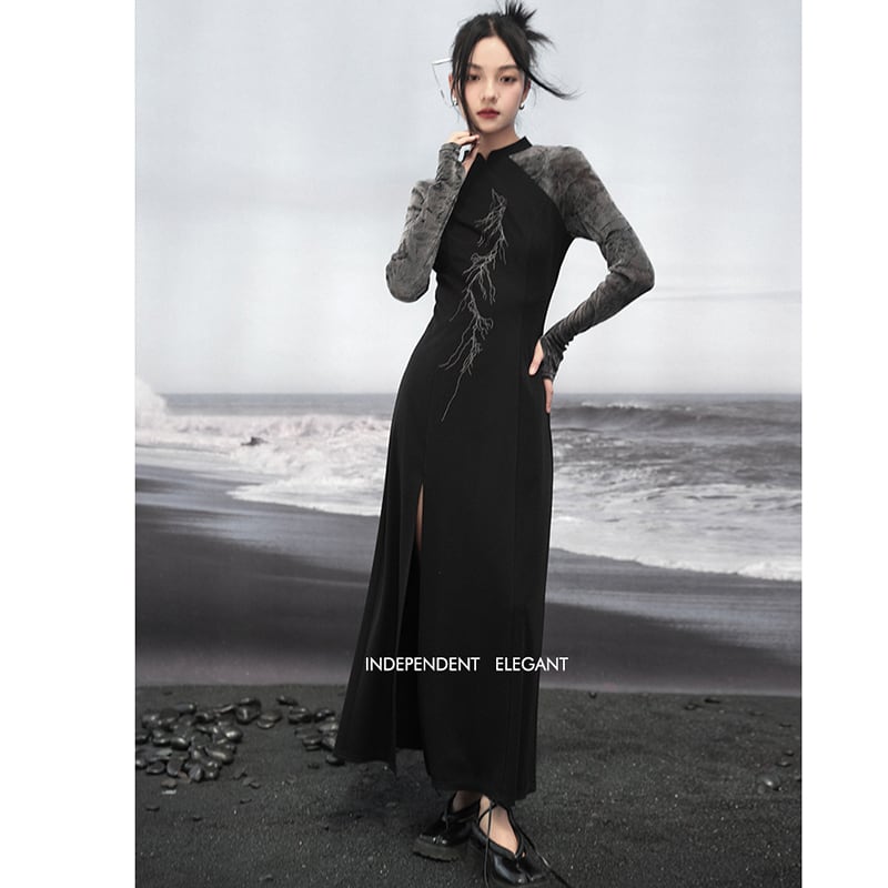 [Da Qinglong Shu Series] ★China-style dress★ Improved cheongsam dress, long sleeve, retro, long length, original, slimming fit