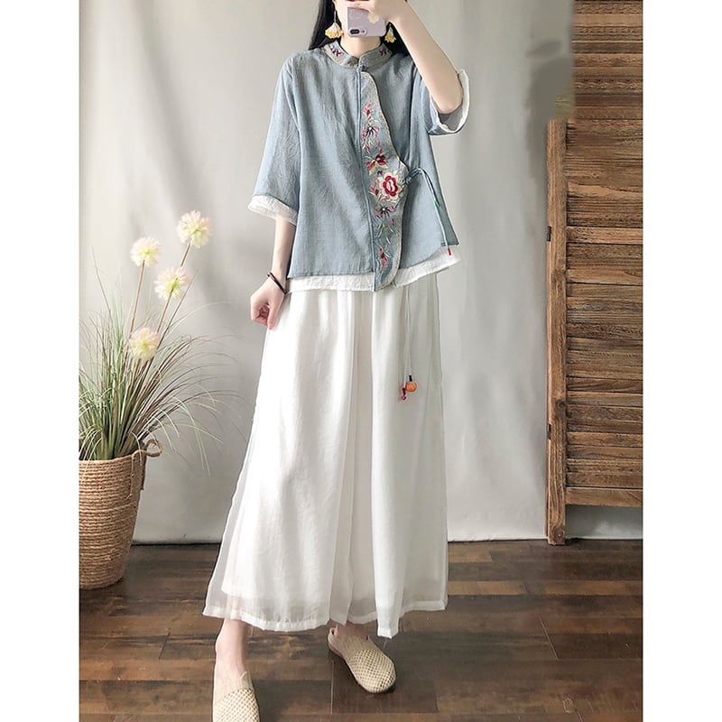 [Kofuku series] ★China style shirt★ 3color embroidery tops ethnic gray blue white pink