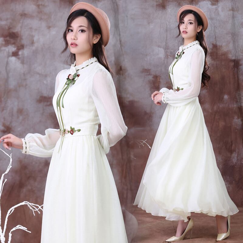 [Nan Kemu Series] ★One Piece★ Long Sleeve One Piece Dress Women's Date Ribbon Chiffon White White