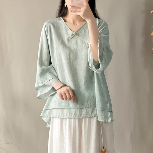 [Kofuku Series]★China-style shirt★ 3color V-neck tops Ethnic style Green Yellow Pink