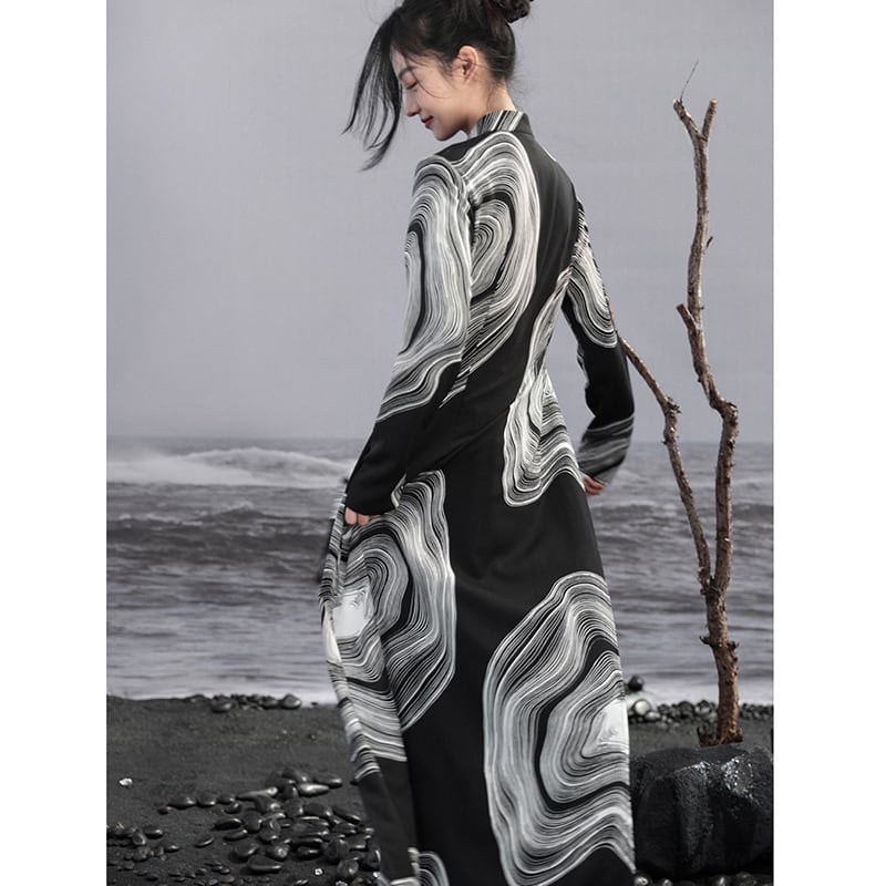 [Da Qinglong Shu Series] ★China-style dress★ Improved cheongsam dress, long sleeves, slits, print, long length, original, slimming