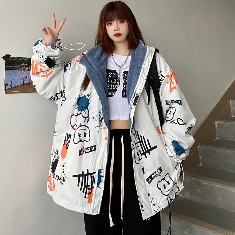 [Demon King Series]★Outerwear that can be worn on both sides★ 2color white or black graffiti coat Unisex Unique fashion