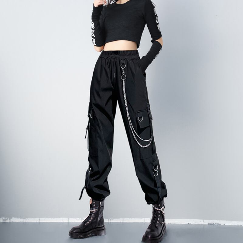 [AZE Series] ★Casual Pants★ Pants with Chains Bottoms Black Black Autumn Clothes Easy to Match and Slimming