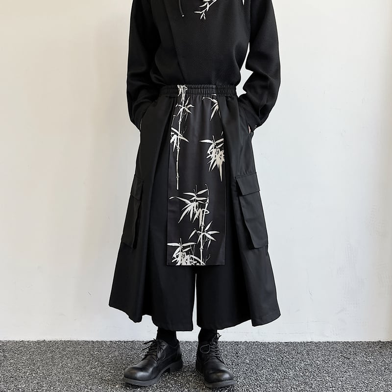 [Illustrated series] ★China style pants★ Gaucho pants unisex men's nine-quarter length black black culottes fake layered