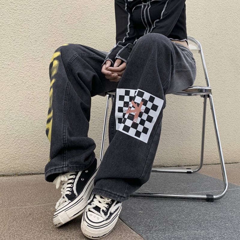 [CHAOHUO series] ★Denim pants★ Bottoms Unisex Check pattern Gray Gray Fashion S M L XL