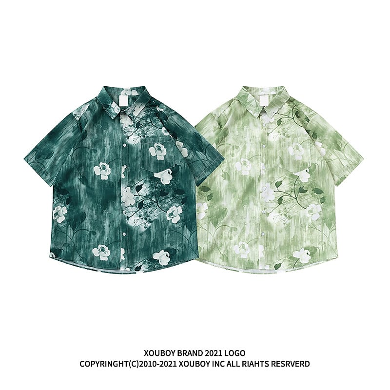 [51XIHA Series]★Shirt★ 2 Color Tops Unisex Floral Print Summer Short Sleeve Green Green Summer ML XL