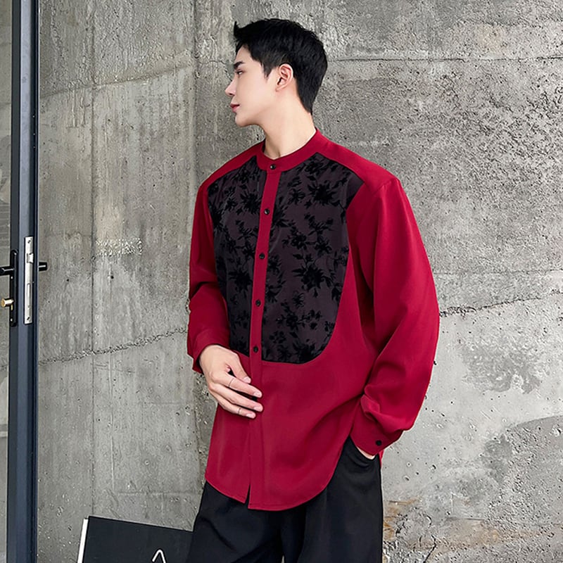 [Illustrated series] ★China style shirt★ 2color tops unisex men's black red floral pattern switching