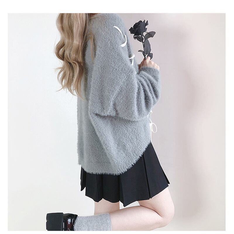 [Nekogan Series]★Sweater★ 2color Black or Gray Tops V-neck Fluffy Loose Black Date Cute