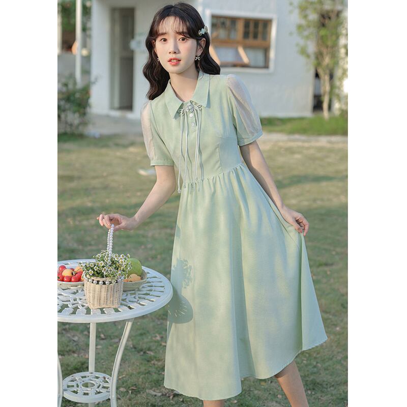 [NANMOSEN Series] ★China style dress★ Short sleeve dress, China button, cute, improves temperament, green