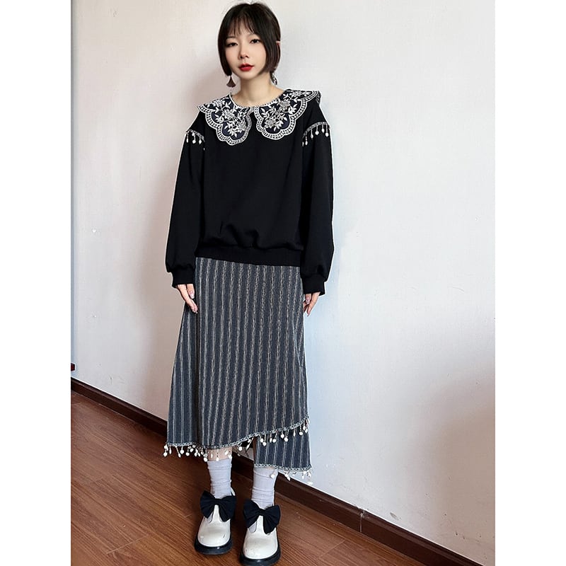 [True Fish Series]★China style top★ Embroidered fringe ladies long sleeve cute collar large size black