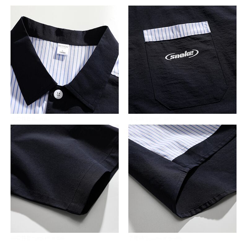 [Satoru Series]★Shirt★ Tops 2color Unisex Men's Striped Pattern Unique Switching Dark Blue White