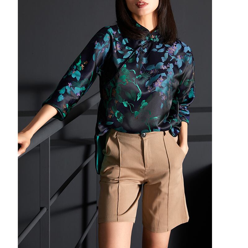 [Furo FRONT Series] ★Chinese style tops★ Shirt Original Floral pattern tops Improves temperament Blue Blue SML