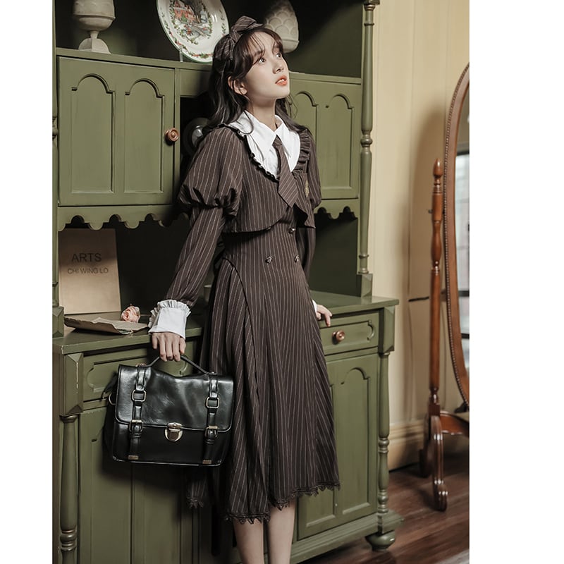 [GOODMORING Series]★Dress with tie★ Faux layered long sleeve dress Cute vertical striped striped pattern