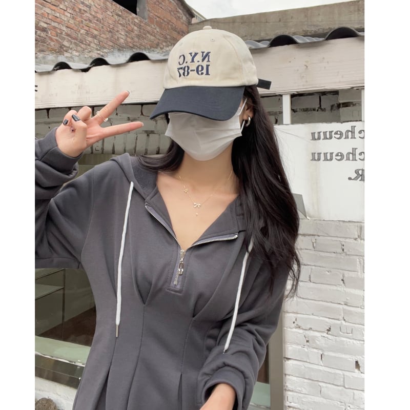 [XIAOCAI Series] ★One Piece★ Parka Dress, Slimming, Large Size, Fashion, Gray, Gray