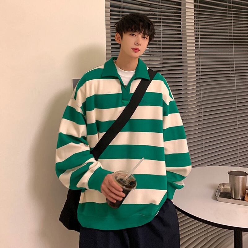 [BIGEMAN Series] ★Tops★ 2color Unisex Men's POLO neck Horizontal stripes Black Green Large size