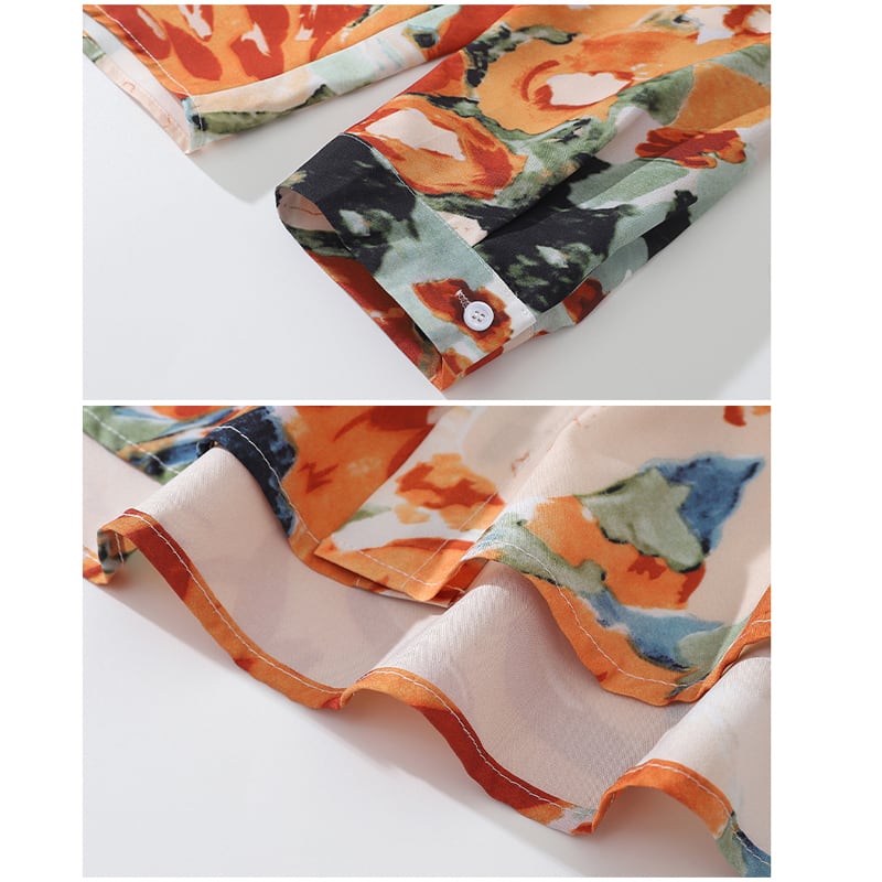 [TRAVEL ISSUANCE Series] ★Retro Shirt★ Oil Painting Style Shirt Floral Pattern Harajuku Style Unisex Men's Orange Casual