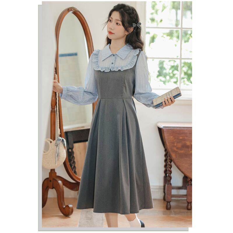 [DANSAIZI Series] ★One Piece★ Faux Layered Ladies' Work, Date, School, Easy to Match, Gray, Gray