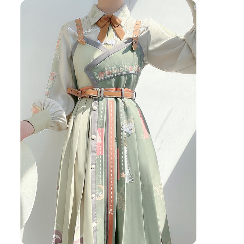 [Hanayu Poetry Series] ★Chinese style setup★ Shirt + hanging dress Green Green Cute Improved Hanfu