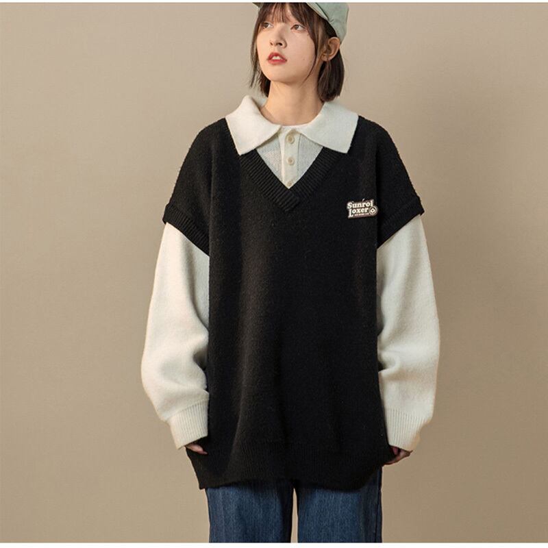 [Suikoishi Series]★Sweater★ Tops 4color Unisex Men's Fake Layered Green Beige Blue Black