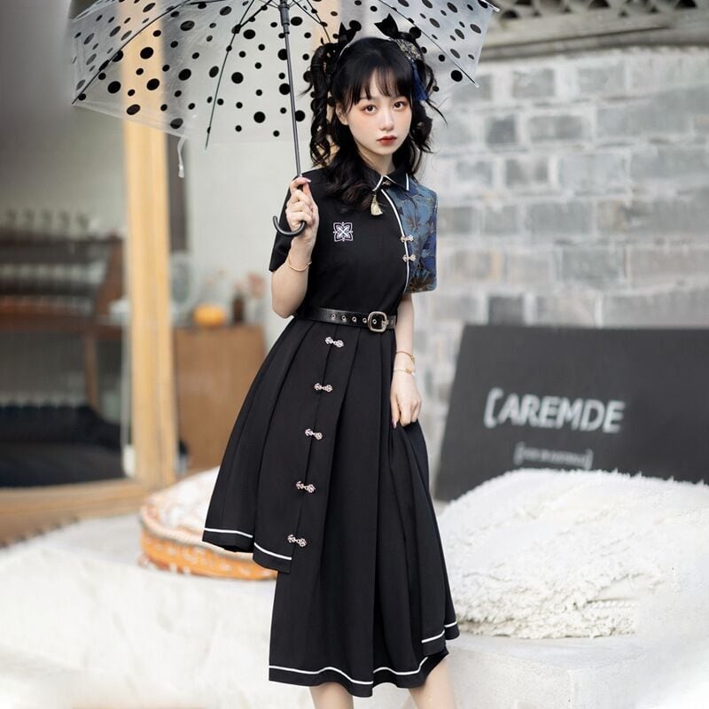 [Dust Smoke Cloud Dream --- Nightless Castle Series] ★China style dress★ Switching floral pattern black black irregular short sleeve SML original