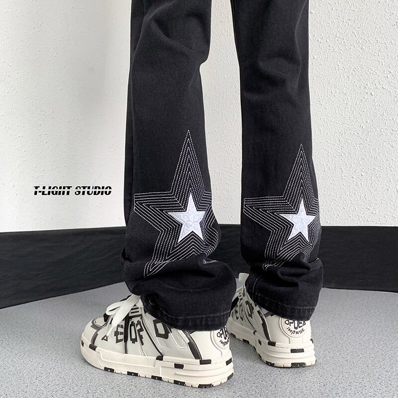 [CHAOMEICHEN Series]★Denim Pants★ 2color Bottoms Pants Unisex Men's Large Size Star Black Blue