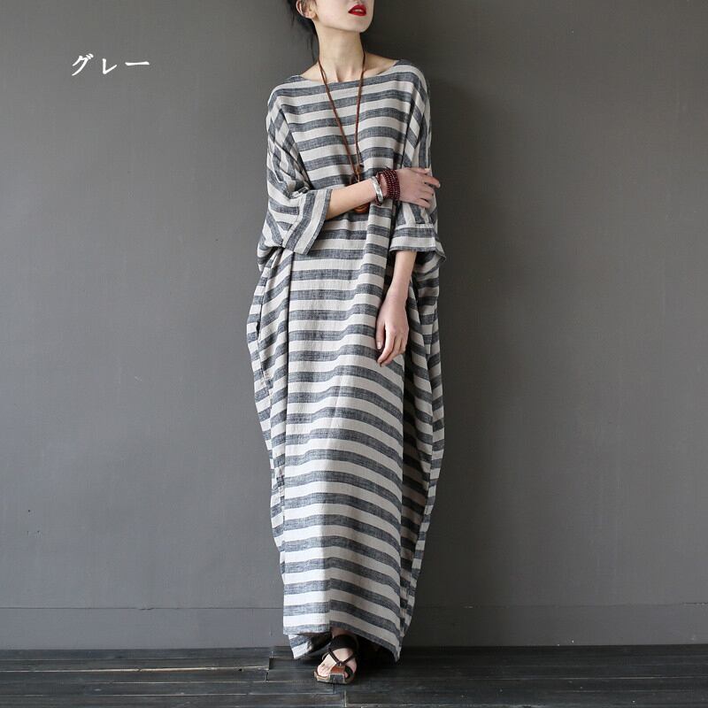 [LIANSHANG series] ★China style dress★ 3color loose body cover horizontal stripes striped pattern literary style