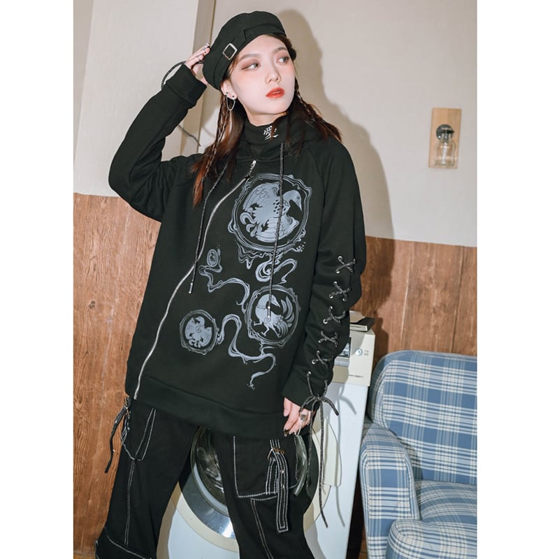 [Ancient Monster---Gold Series] ★China style hoodie★ Tops Thick, warm, brushed lining, loose, black, black