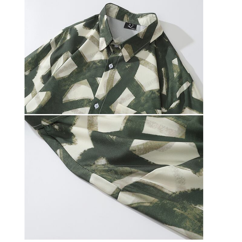 [TRAVEL ISSUANCE Series] ★Retro Shirt★ Oil Painting Style Shirt Print Long Sleeve Shirt Tops Unisex Men's Green Green