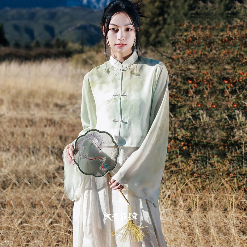 [Daiseiryusu Series] ★China-style shirt★ Tops, long sleeves, sheer, chiffon print, green, green