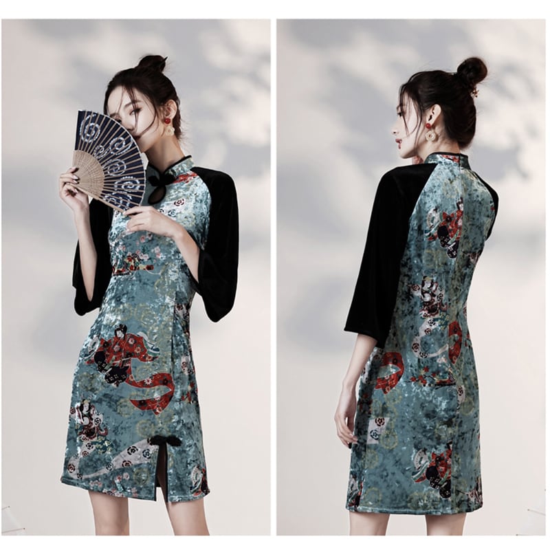 [YUEQIAO Series]★Cheongsam dress★Short length velvet Chinese style dress print retro