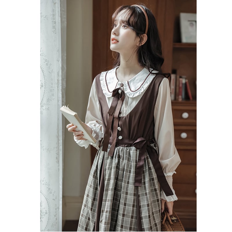 [DACHENGZI Series] ★Dress★ Fake Layered Dress Checkered Pattern Cute Retro S M L XL